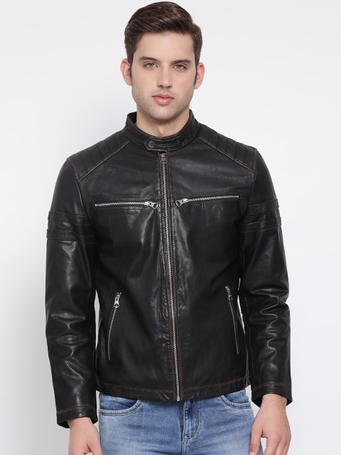 

Justanned Men Black Solid Leather Jacket