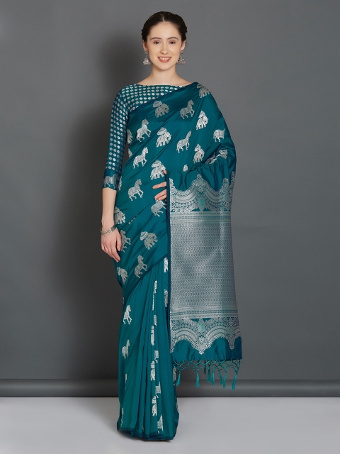 

Mitera Teal & Silver-Coloured Silk Blend Woven Design Banarasi Saree