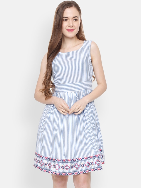 

People Women Blue & White Striped Fit and Flare Dress