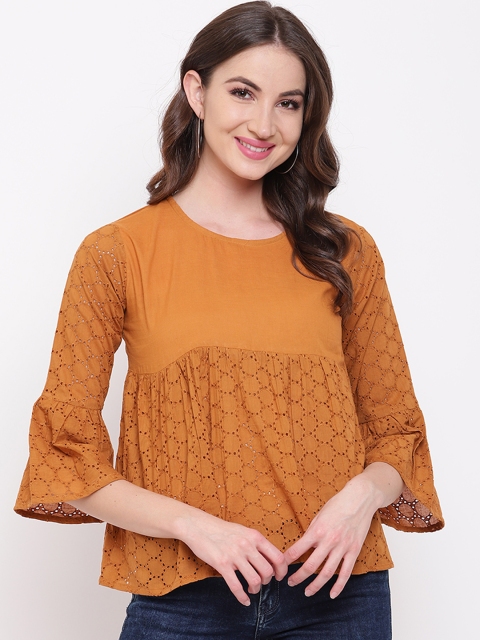 

Mayra Women Mustard Yellow Schiffli Embroidered Top