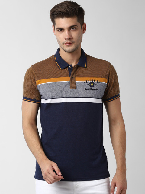 

Peter England Casuals Men Navy Blue & Mustard Yellow Colourblocked Polo Collar T-shirt