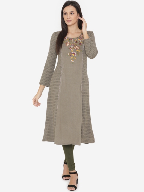 

Laabha Women Grey Embroidered Knitted Woollen A-Line Kurta