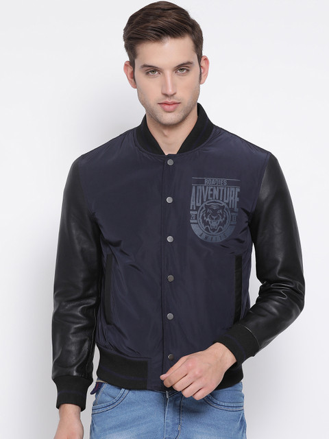 

Justanned Men Navy Blue Printed Bomber Jacket