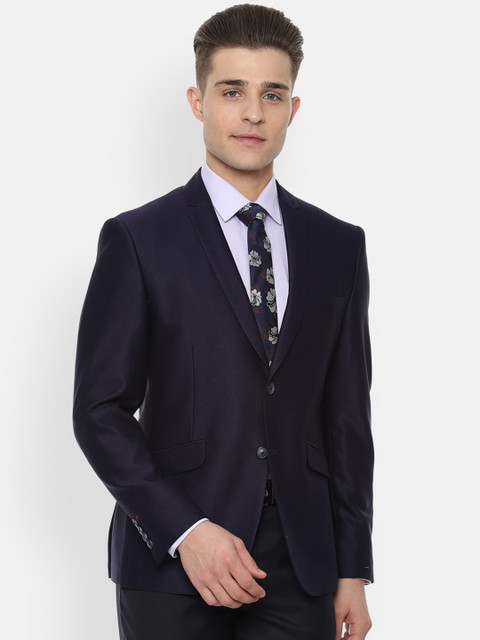 

V Dot Men Navy Blue Solid Single-Breasted Slim-Fit Blazer