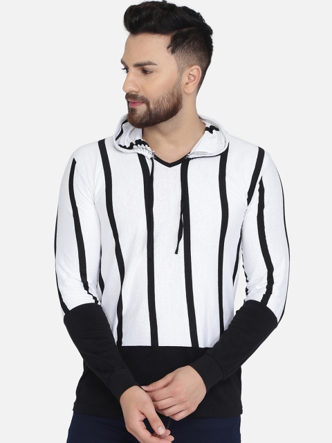

KATSO Men White & Black Striped Hood T-shirt