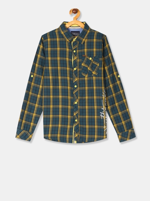 

Cherokee Boys Teal Green & Yellow Checked Regular Fit Casual Shirt
