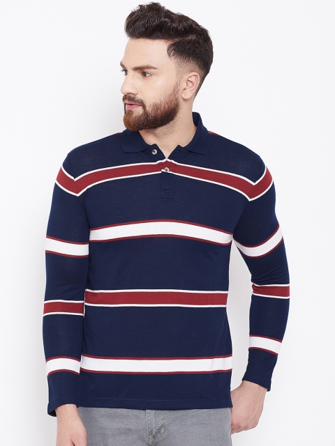 

Austin wood Men Navy Blue Striped Polo Collar T-shirt