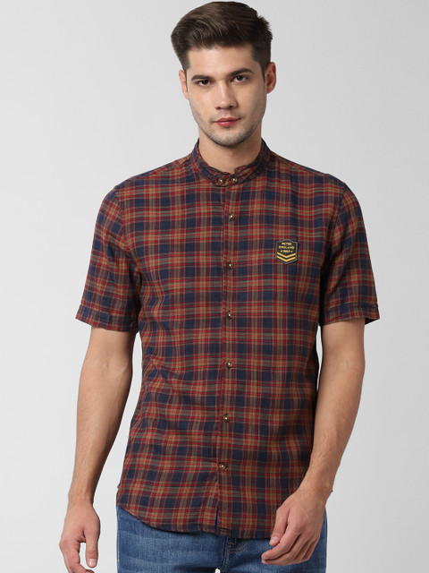 

Peter England Casuals Men Navy Blue & Brown Slim Fit Checked Casual Shirt