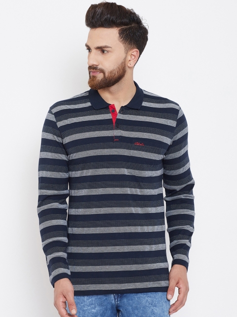 

Adobe Men Navy Blue & Grey Striped Polo Collar T-shirt