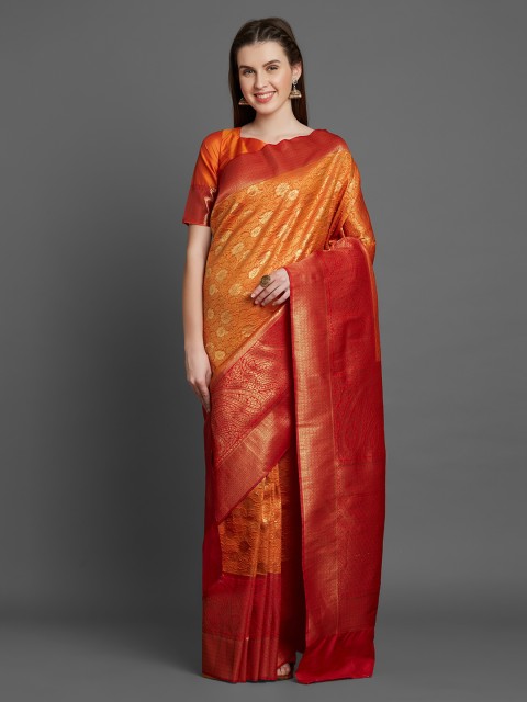 Mitera Orange & Gold-Coloured Silk Blend Woven Design Banarasi Saree
