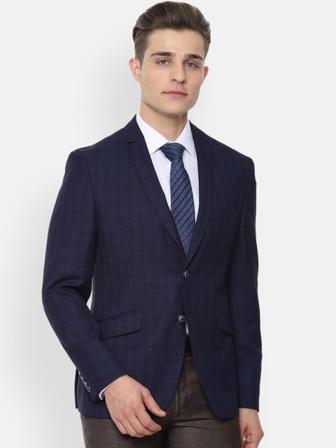 

V Dot Men Navy Blue Checked Single-Breasted Slim-Fit Blazer