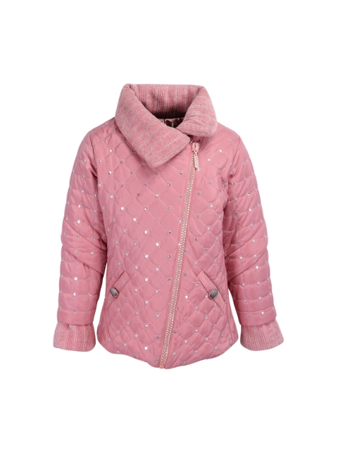 

CUTECUMBER Girls Pink Solid Embellished Quilted Jacket
