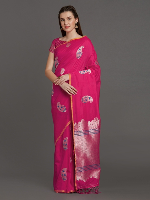 

Mitera Pink & Silver-Coloured Silk Blend Woven Design Banarasi Saree