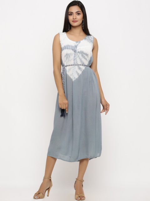 

BUYCLARA Women Grey & White Dyed Fit and Flare Dress