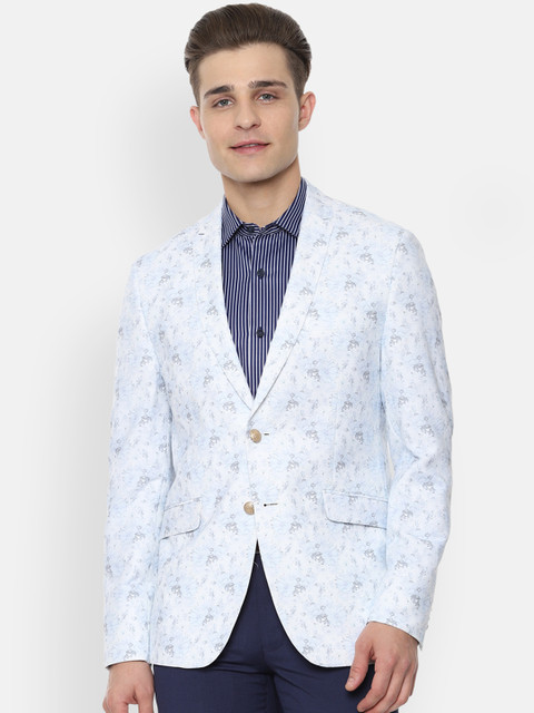 

V Dot Men Blue Printed Single-Breasted Slim-Fit Blazer