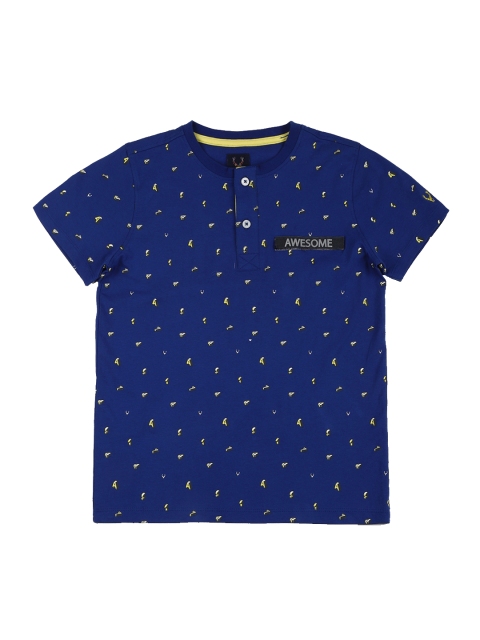 

Allen Solly Junior Boys Navy Blue & Yellow Printed Henley Neck T-shirt