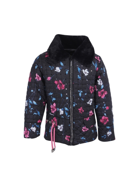 

CUTECUMBER Girls Black & Pink Printed Embellished Quilted Jacket