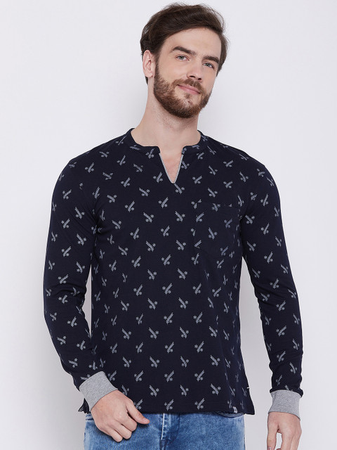 

Adobe Men Navy Blue Printed Mandarin Collar T-shirt