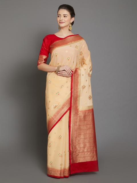 

Mitera Beige & Red Silk Blend Woven Design Banarasi Saree