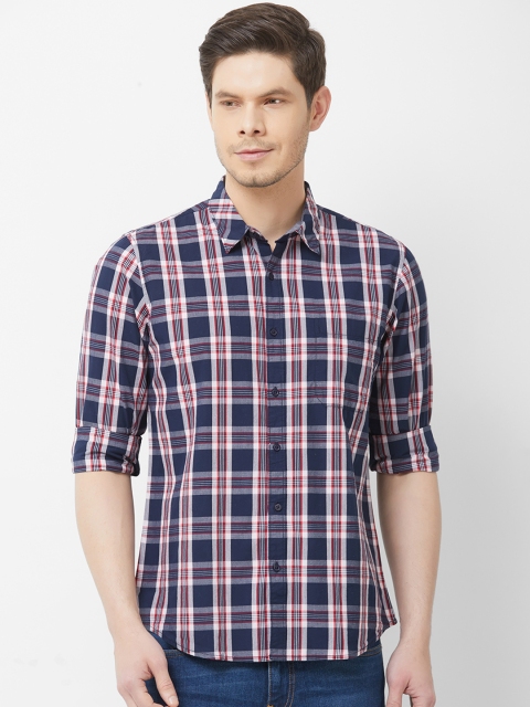 Solemio Men Navy Blue & Red Regular Fit Checked Casual Shirt