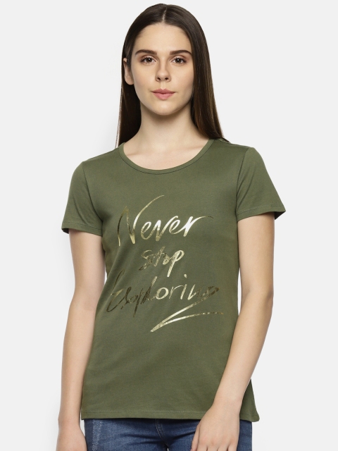 

Honey by Pantaloons Women Green Printed Round Neck Pure Cotton T-shirt