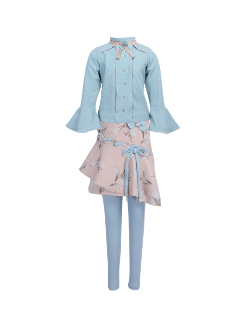 

CUTECUMBER Girls Turquoise Blue & Beige Self Design Top with Skirt