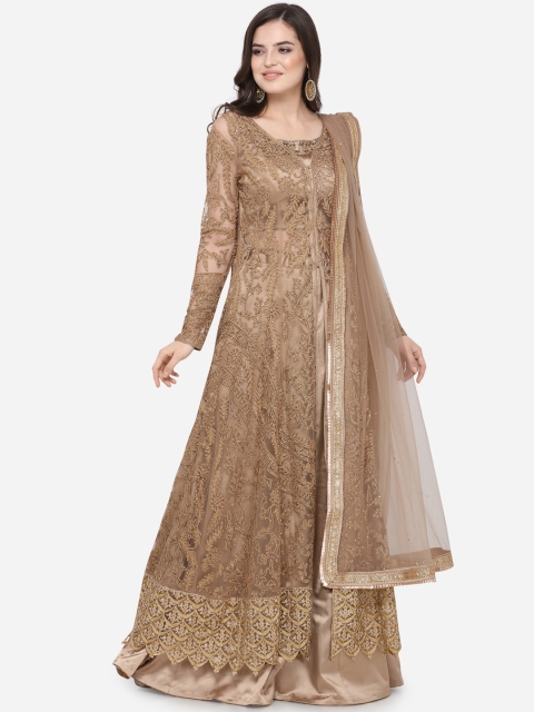 

Stylee LIFESTYLE Beige Embellished Net Semi-Stitched Dress Material