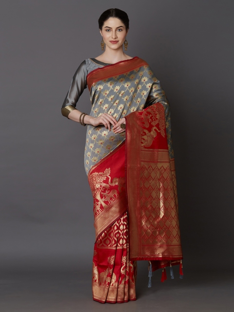 

Mitera Grey & Red Silk Blend Woven Design Kanjeevaram Saree