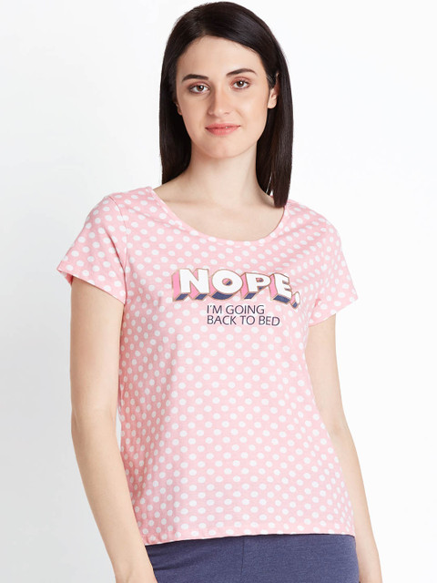 

Dreamz by Pantaloons Women Pink & White Printed Round Neck Lounge T-shirt 205000005896795