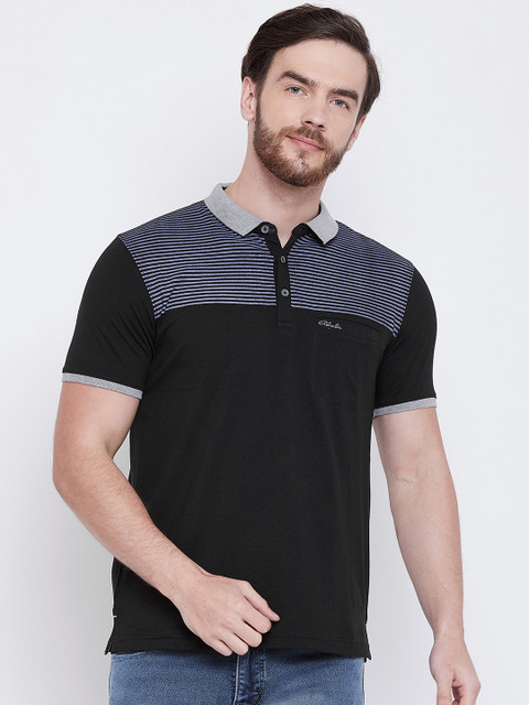 

Adobe Men Black & Grey Striped Polo Collar T-shirt