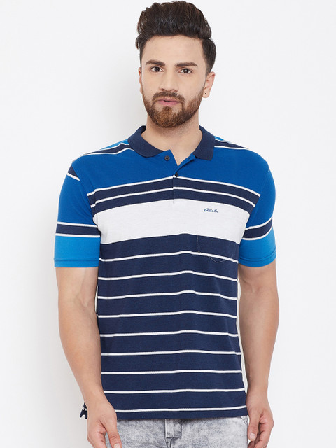 

Adobe Men Blue & White Striped Polo Collar T-shirt