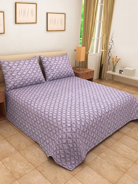 

KLOTTHE Purple & White Printed Double Bed Cover With 2 Pillow Covers