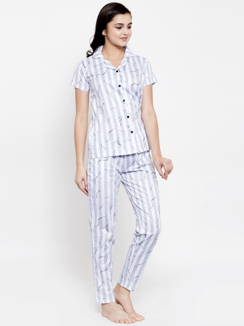 

Claura Women White & Grey Striped Night Suit