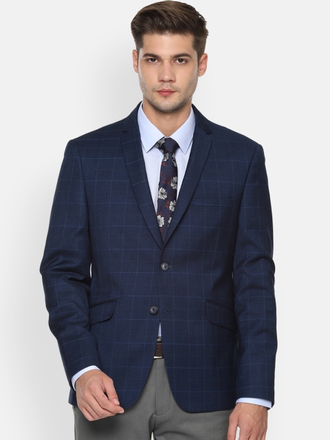 

V Dot Men Navy Blue Checked Single-Breasted Slim-Fit Blazer