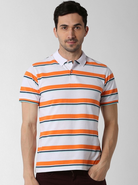 Peter England Casuals Men White & Orange Striped Polo Collar T-shirt