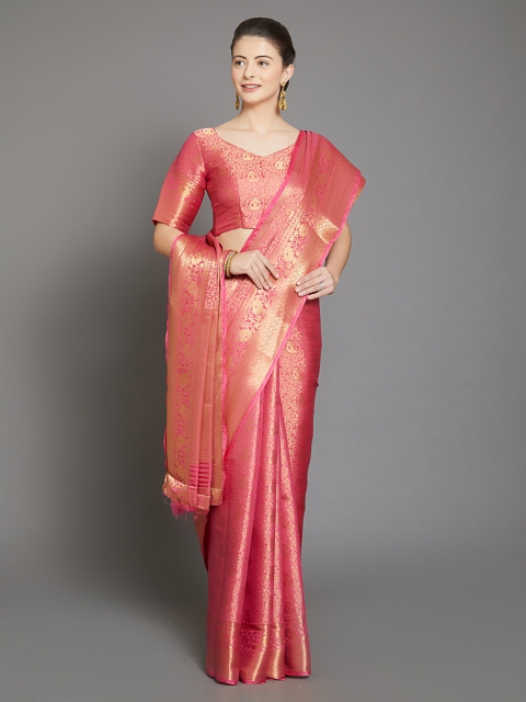 

Mitera Pink & Gold-Coloured Silk Blend Woven Design Banarasi Saree