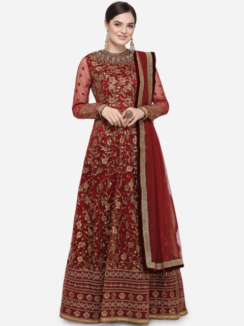 

Stylee LIFESTYLE Maroon Net Semi-Stitched Dress Material