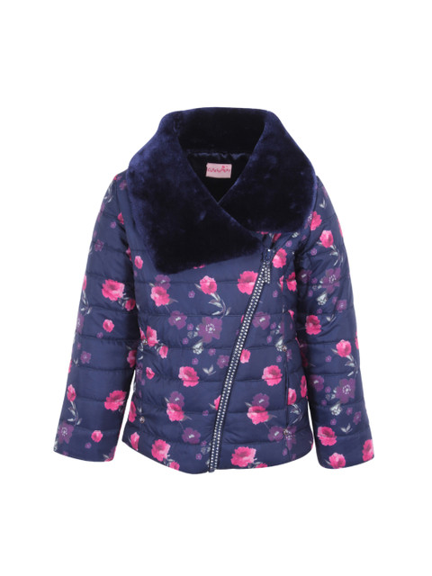 

CUTECUMBER Girls Blue & Pink Floral Printed Padded Jacket, Navy blue