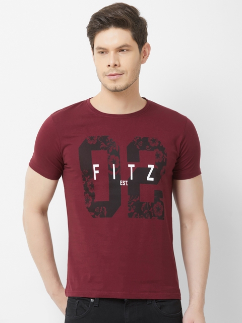 

FiTZ Men Maroon & Black Slim-Fit Printed Round Neck T-shirt