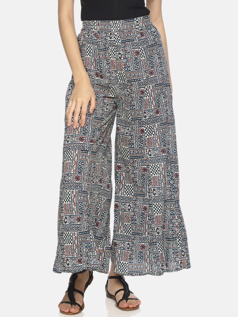 

NAKSHORA Women Blue & Maroon Printed Wide Leg Palazzos