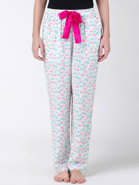 

ADORENITE Women White & Pink Flamingo Print Lounge Pyjamas with Bow Detail