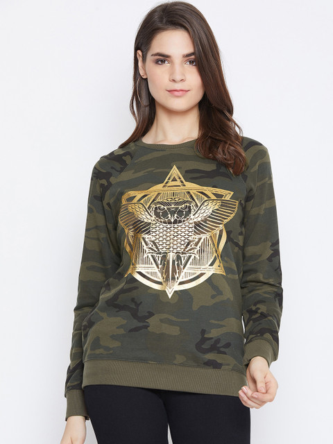 

PUNK Women Olive Green & Khaki Printed Sweatshirt