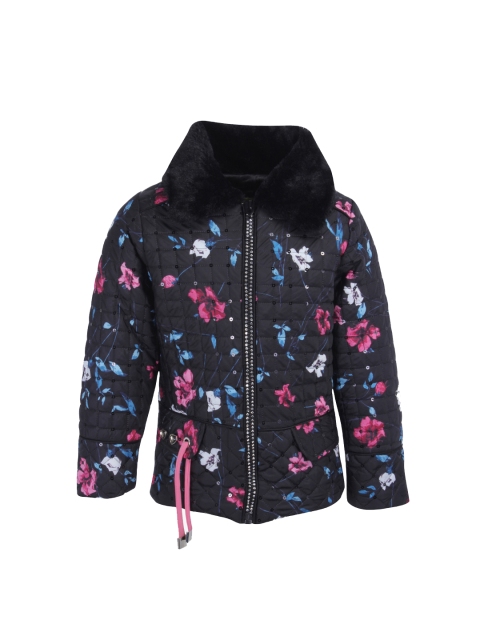 

CUTECUMBER Girls Black & Pink Floral Printed Quilted Jacket