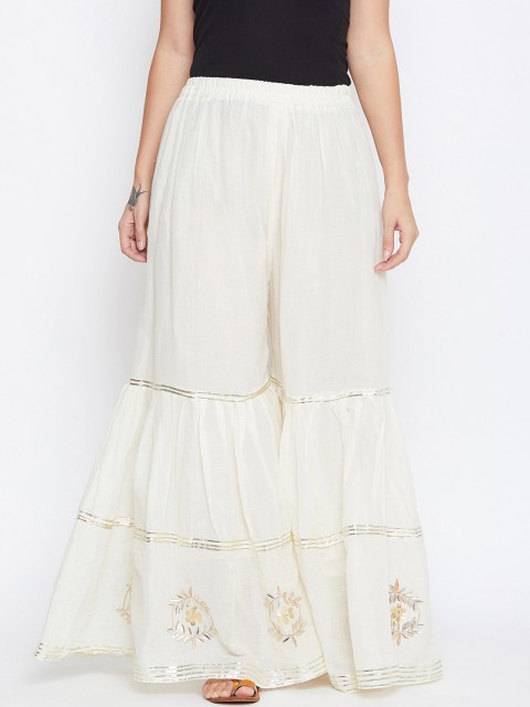 

9rasa Women Cream-Coloured Embroidered Flared Shararas