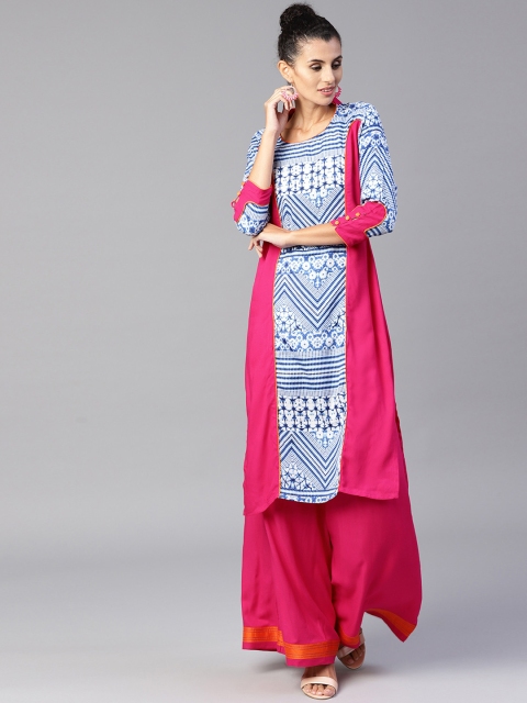 

Tulsattva Women Pink & Blue Printed Kurta with Palazzos