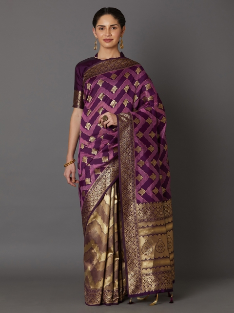 

Mitera Burgundy & Gold-Toned Silk Blend Woven Design Kanjeevaram Saree