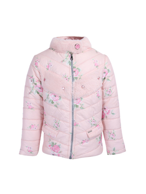 

CUTECUMBER Girls Peach-Coloured Floral Printed Padded Jacket