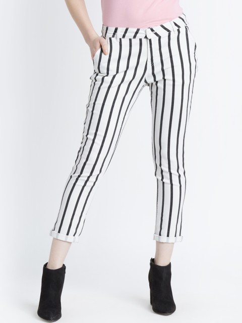 

Honey by Pantaloons Women Black & White Regular Fit Striped Regular Trousers