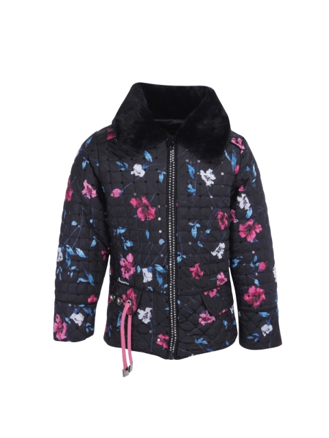 

CUTECUMBER Girls Black & Pink Printed Embellished Quilted Jacket