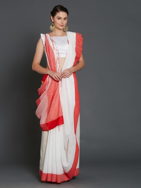 

Mitera Off-White & Red Linen Blend Solid Saree